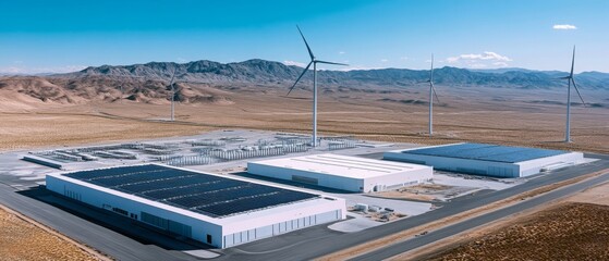 Aerial view of a modern data center with solar panels, and several wind turbines. 
