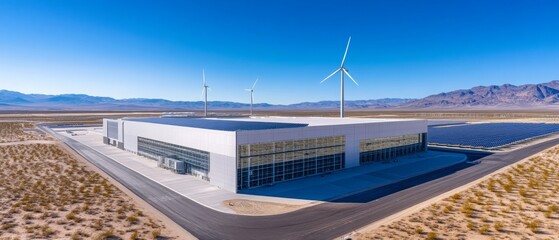 Aerial view of a modern data center with solar panels, and several wind turbines. 
