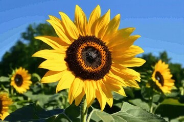 Obraz premium A close-up of a bright yellow sunflower in full bloom against a clear blue sky.