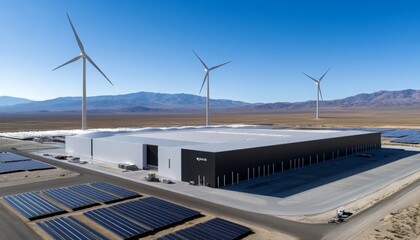 Aerial view of a modern data center with solar panels, and several wind turbines. 
