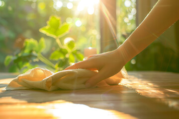 Naklejka premium Hand cleaning a table with a cloth in bright natural sunlight, with green leaves and soft bokeh in the background