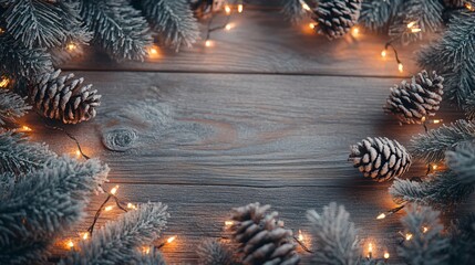 A delicate frame of frosted mini pine cones intertwined with fairy lights, isolated on a warm, rustic wood background with hints of evergreen foliage