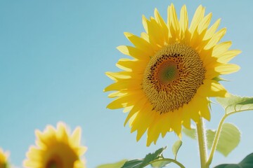 Obraz premium A close-up of a bright yellow sunflower in full bloom against a clear blue sky.