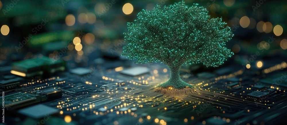 Poster a digital tree with glowing roots grows from a circuit board.