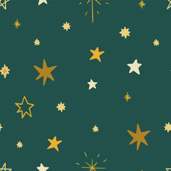 Christmas pattern background with cute hand drawn gold stars. Vector seamless pattern. Trendy print for textiles, wallpaper and packaging. Perfect for holiday decorations.