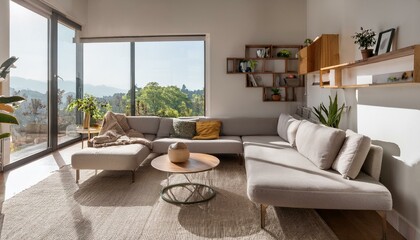 Lounge zone interior with sofa and coffee table, shelf and panoramic window