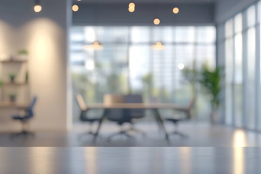 Modern office interior blurred background with expansive windows and stylish lighting elements.