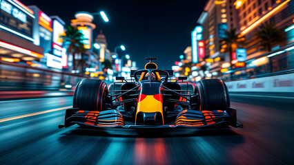 Blue, red and yellow Formula 1 racing car on the streets of Las Vegas at night