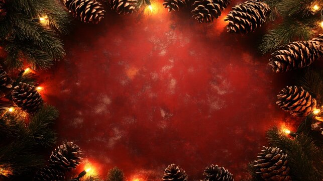 A holiday-themed frame of rustic pine cones and warm lights, isolated on a textured red background with faint candy cane stripes - Powered by Adobe