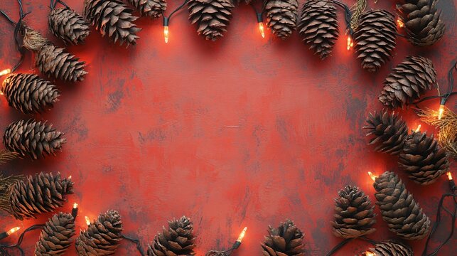 A holiday-themed frame of rustic pine cones and warm lights, isolated on a textured red background with faint candy cane stripes