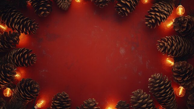 A holiday-themed frame of rustic pine cones and warm lights, isolated on a textured red background with faint candy cane stripes