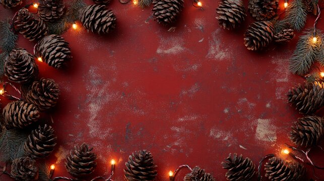 A holiday-themed frame of rustic pine cones and warm lights, isolated on a textured red background with faint candy cane stripes