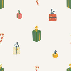 Christmas pattern background with cute hand drawn gift boxes with bows and candy canes. Vector seamless pattern. Trendy print for textiles, wallpaper and packaging