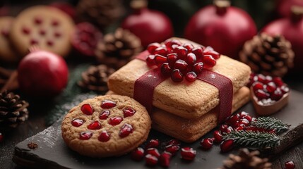 Fototapeta premium A stack of homemade cookies decorated with pomegranate seeds and tied with a red ribbon, with a single cookie in the foreground and additional pomegranate seeds 