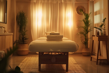 Serene spa room with a massage table, folded towels, soft lighting, and plants for a calming atmosphere