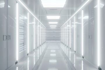 Modern data center hallway with sleek white walls and bright LED lighting