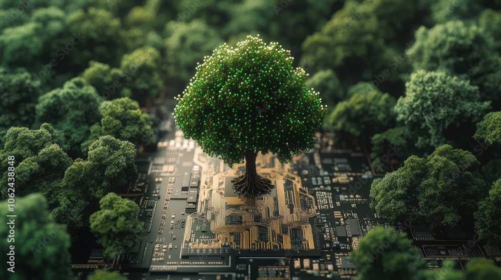 Poster a green tree grows from a circuit board surrounded by other trees, symbolizing the connection betwee