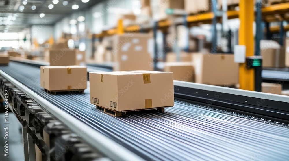 Poster conveyor belt in a distribution warehouse with row of cardboard box packages for e-commerce delivery