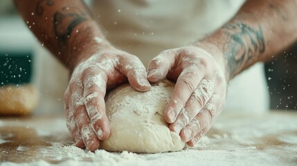 Artisan baker\'s hands knead dough on a flour-dusted wooden table in a sunlit bakery, capturing the essence of traditional bread-making