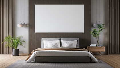 Modern bedroom interior with blank poster on wall. 3D Rendering