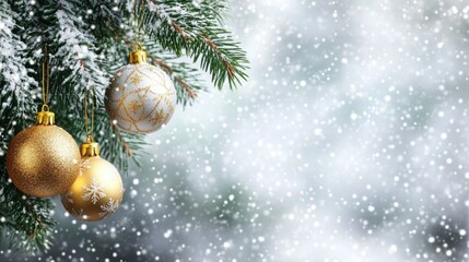 Beautiful Christmas tree background with Christmas tree branches and gold Christmas tree toys