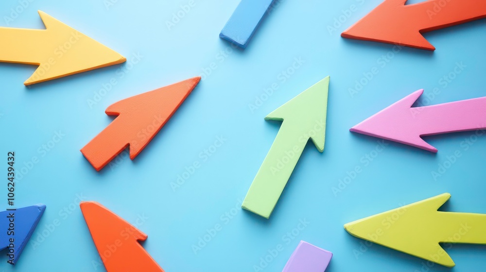Poster colorful arrows pointing in different directions on a blue background, representing multiple marketi