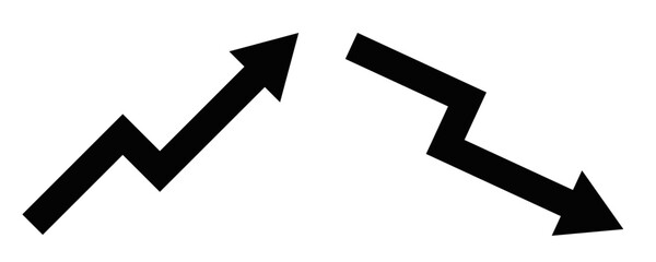 Upward zigzag arrow contrasted with a sharp downward arrow, illustrating growth and decline. Vector illustration. Editable stroke.