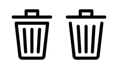Simple trash bin icons, ideal for delete, garbage, and recycling concepts in user interfaces. Vector illustration. Editable stroke.
