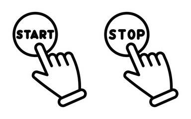 Minimalist icon of hands pressing “start” and “stop” buttons, illustrating concepts of control or operation. Vector illustration. Editable stroke.