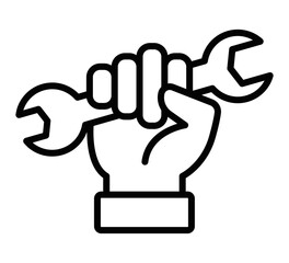 Icon of a hand gripping a wrench, symbolizing repair, work, or tools. Useful for construction and mechanic themes. Vector illustration. Editable stroke.