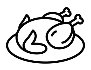 Obraz premium Line drawing of a roasted turkey on a plate, suitable for Thanksgiving, holiday, or food themes. Vector illustration. Editable stroke.