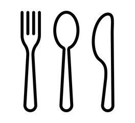 Basic line icon of a fork, spoon, and knife, symbolizing dining, food, or kitchen themes. Vector illustration. Editable stroke.