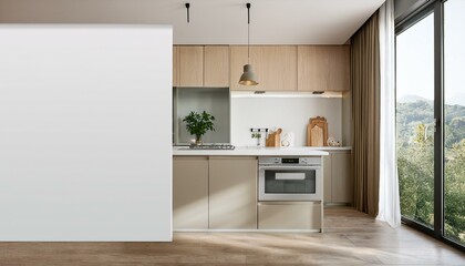 Fototapeta premium Modern kitchen interior with blank wall for mockup. 3D Rendering