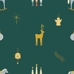 Vintage Christmas pattern background with hand drawn deer, candle, stars, grasshopper and Christmas decorations. Vector seamless pattern. Trendy print for textiles, wallpaper and packaging..
