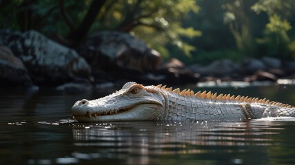 Obraz premium a rare albino crocodile, its pale skin contrasting sharply with the dark, murky water. The crocodile's distinctive features, such as its powerful jaws and sharp teeth, are clearly visible