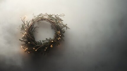 A rustic, bare wooden wreath with a few sprigs of fir and small lights, floating on a cool gray minimalist background with soft shadows