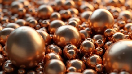 Glistening copper orbs scattered across a textured surface under soft ambient light