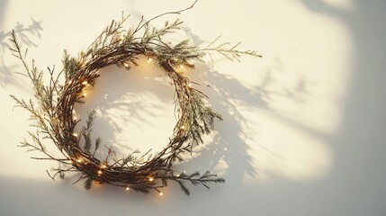 Fototapeta premium A simple wooden wreath with delicate fir branches and tiny warm lights, framed against a pure white background with soft shadows