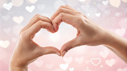 Obraz premium Hands forming heart shape against romantic bokeh background with hearts