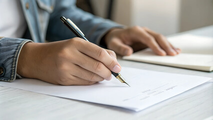 Person writing with pen on blank sheet of paper in modern workspace