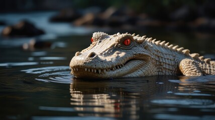 Obraz premium a rare albino crocodile, its pale skin contrasting sharply with the dark, murky water. The crocodile's distinctive features, such as its powerful jaws and sharp teeth, are clearly visible