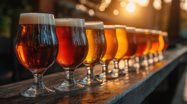 Glasses with different sorts of craft beer on wooden bar. Tap beer in pint glasses arranged in a row. Closeup of five glasses of different types of draught beer in a pub.