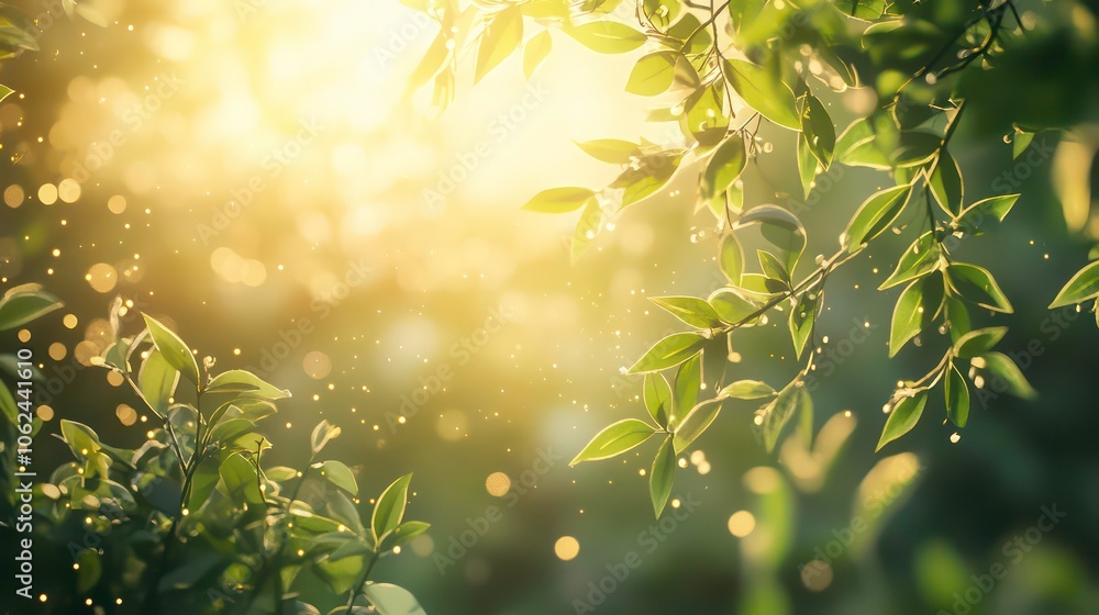 Poster blurred bokeh light effects and translucent foliage creating a dreamy backdrop