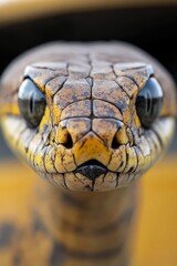  A close up of a snake's head on a table