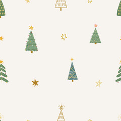 Christmas pattern background with cute hand drawn Christmas tree and stars. Vector seamless pattern. Trendy print for textiles, wallpaper and packaging. Perfect for holiday decorations.