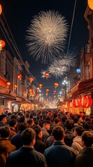 Obraz premium The lively street is filled with locals celebrating, surrounded by colorful lanterns while bright fireworks burst in the night sky above the bustling market