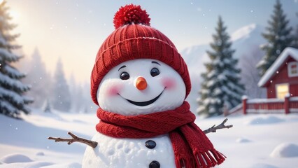 Adorable Snowman with Red Knitted Hat and Scarf in Winter Wonderland with Snow-Covered Trees