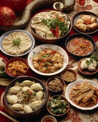 An array of traditional Chinese dishes is displayed on a festive table, featuring dumplings, stir-fried vegetables, and various meats, showcasing a rich culinary heritage