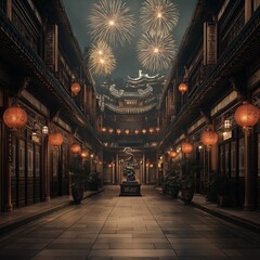 Fototapeta premium A vibrant courtyard showcases glowing lanterns and a stunning statue, while colorful fireworks illuminate the night sky, creating a magical festive atmosphere