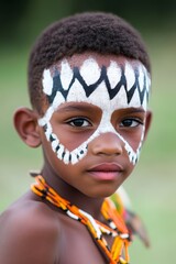 A young boy with white face paint on his face